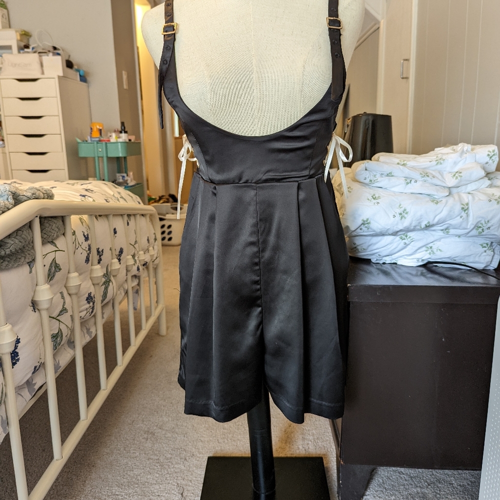 Mon Lily Black Satin Romper. Size S.